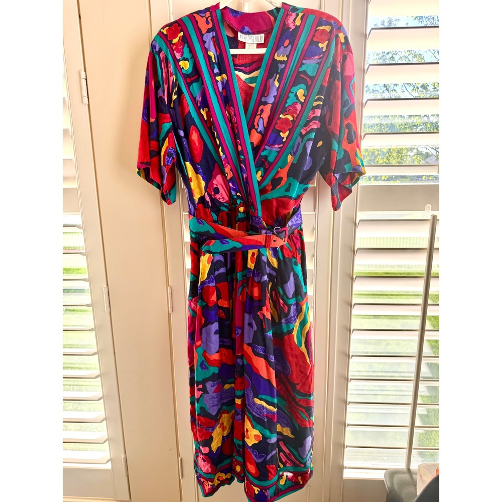 Together! Vintage 80s Abstract Pop Art Print Rayon Midi Dress Belted Petite 10 M